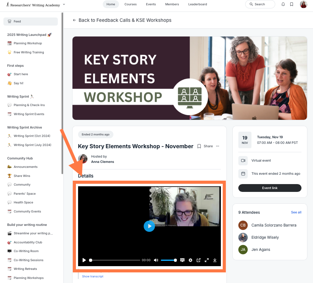 Screenshot of an online workshop page titled 'Key Story Elements Workshop.' The page shows event details, a video of a woman speaking, and a sidebar with options like home, upcoming events, and a calendar. An arrow points to the video section.